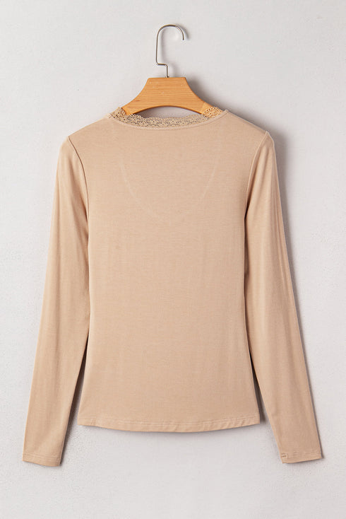 Lace Trim Sweetheart Neck Ruched Front Long Sleeve Top